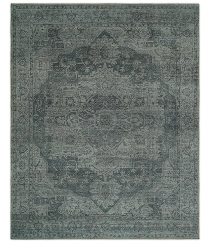Antique Style Charcoal and Silver Traditional Heriz Medallion 8x10 wool Area Rug - Nuvé