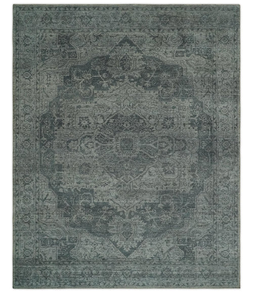 Antique Style Charcoal and Silver Traditional Heriz Medallion 8x10 wool Area Rug - Nuvé