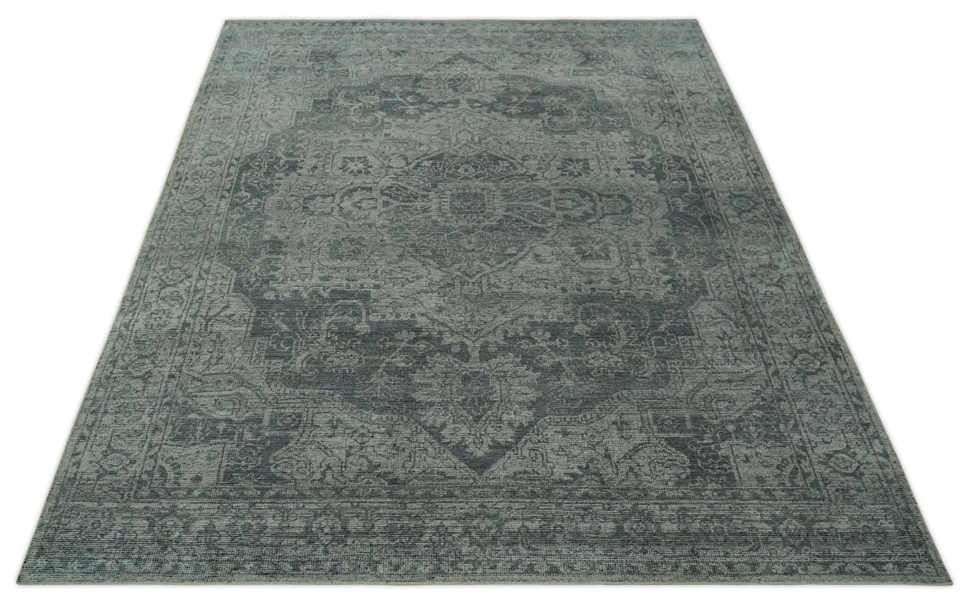 Antique Style Charcoal and Silver Traditional Heriz Medallion 8x10 wool Area Rug - Nuvé