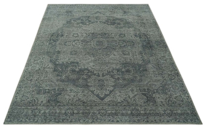 Antique Style Charcoal and Silver Traditional Heriz Medallion 8x10 wool Area Rug - Nuvé