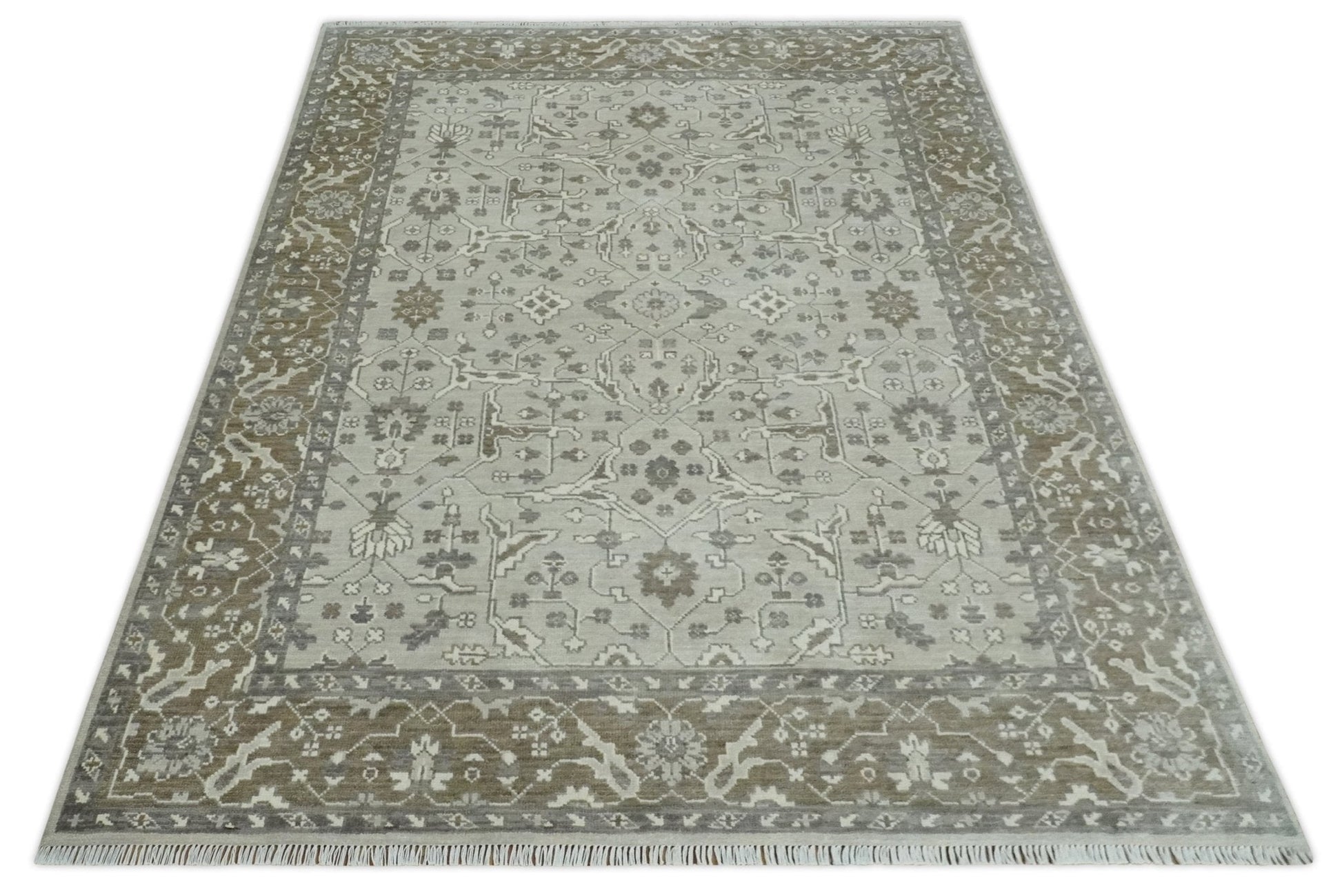 Antique Style Custom Made Traditional Silver and Brown Oriental Oushak Wool Area Rug - Nuvé