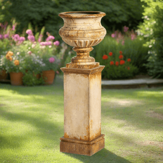 Antique-Style Iron Garden Urn with Tall Pedestal - Nuvé