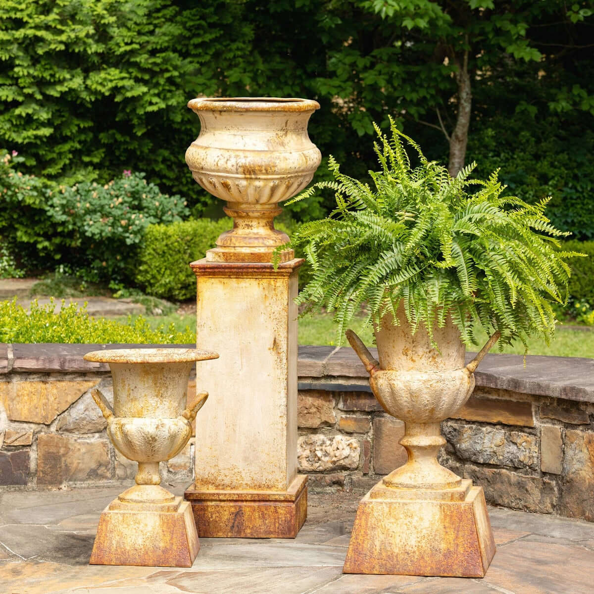 Antique-Style Iron Garden Urn with Tall Pedestal - Nuvé