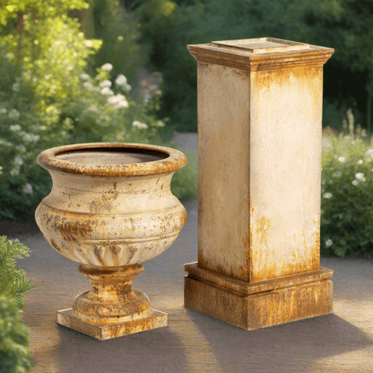 Antique-Style Iron Garden Urn with Tall Pedestal - Nuvé
