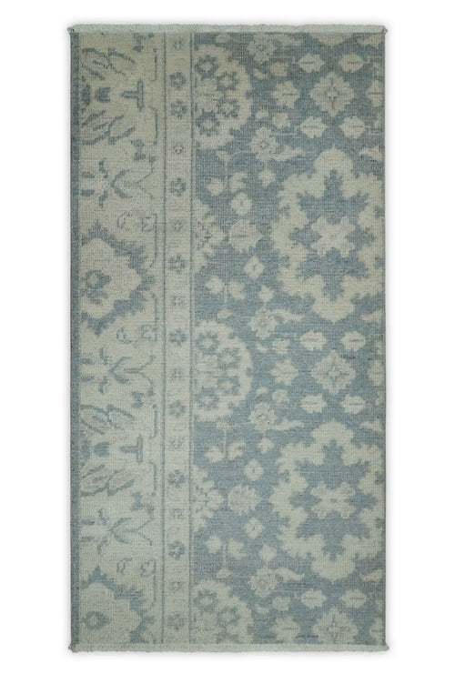 Antique Style Ivory and Charcoal Hand Knotted Traditional Oushak 2x4 wool Bedside Rug - Nuvé