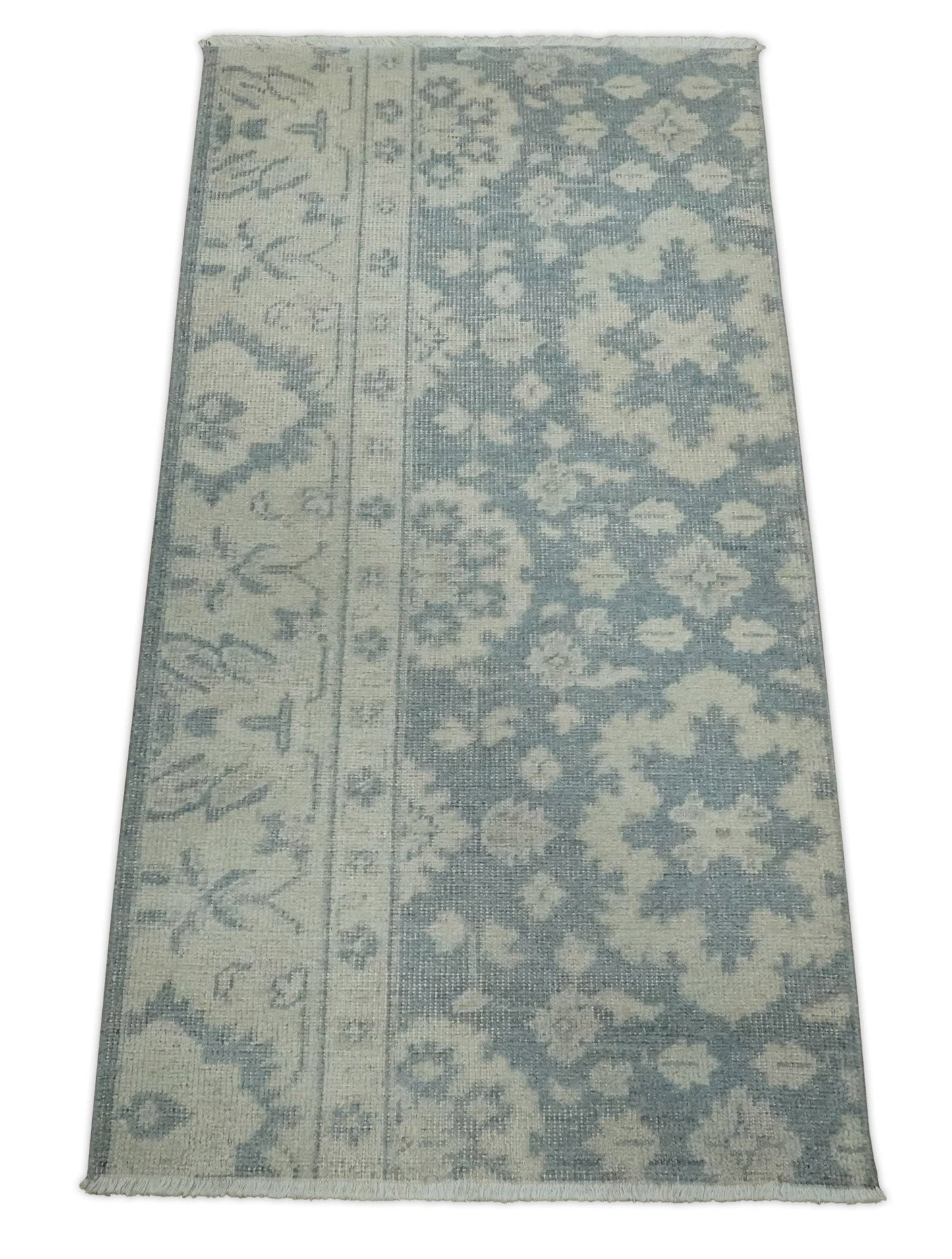 Antique Style Ivory and Charcoal Hand Knotted Traditional Oushak 2x4 wool Bedside Rug - Nuvé