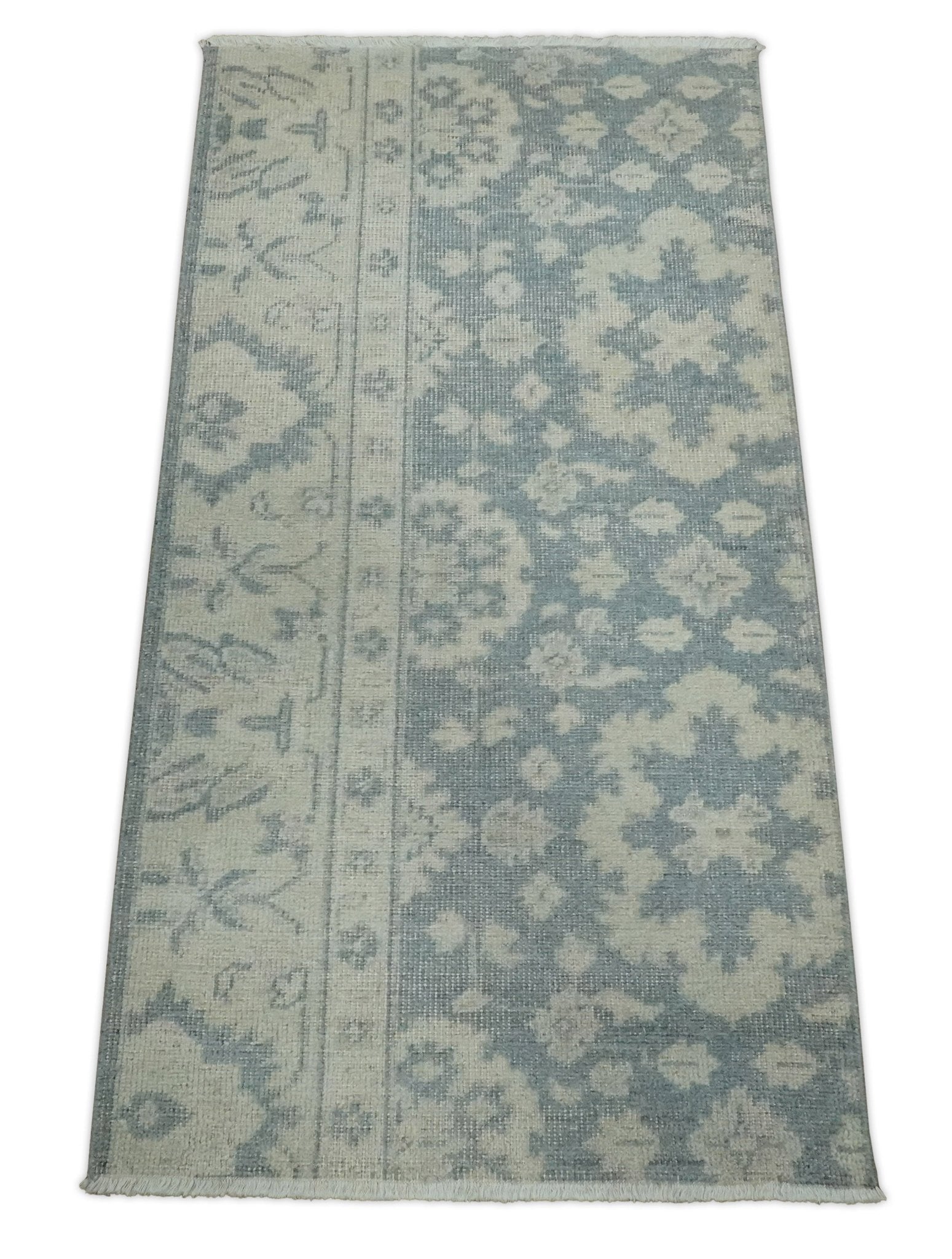 Antique Style Ivory and Charcoal Hand Knotted Traditional Oushak 2x4 wool Bedside Rug - Nuvé