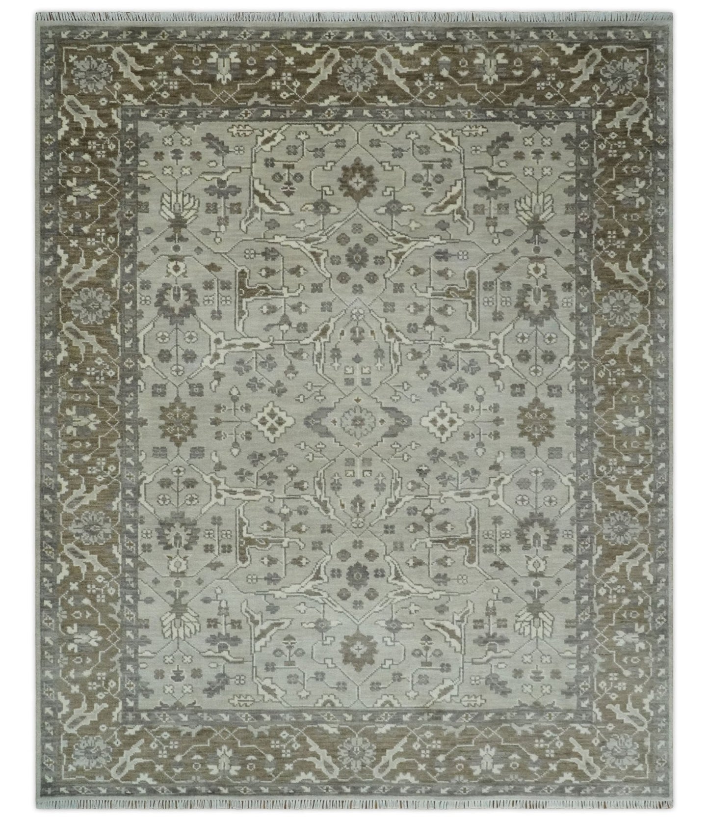 Antique-style silver and olive wool Oriental Oushak 8x10 area rug with intricate traditional patterns and detailed design.