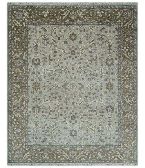 Antique-style silver and olive wool Oriental Oushak 8x10 area rug with intricate traditional patterns and detailed design.