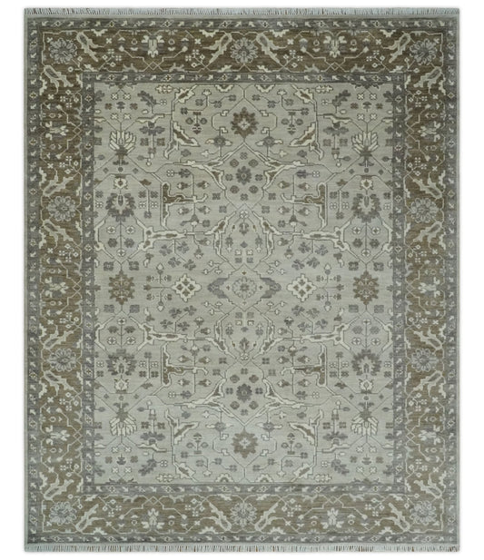 Antique-style silver and olive wool Oriental Oushak 8x10 area rug with intricate traditional patterns and detailed design.