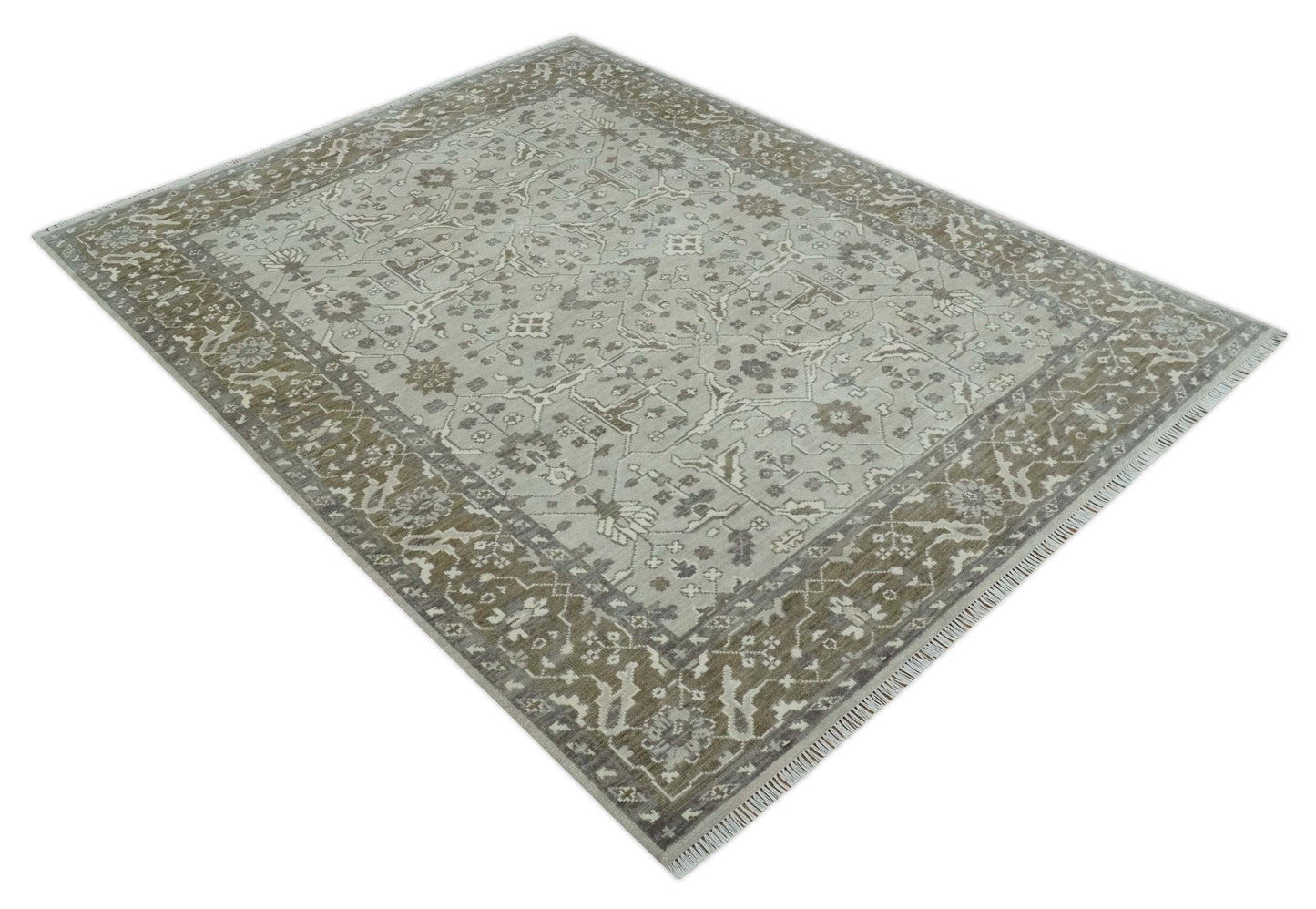 Antique Style Traditional Silver and Olive Oriental Oushak 8x10 wool Area Rug - Nuvé