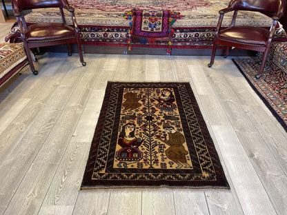 Antique Tribal Afghani Baluchi Laili Majnun Pictorial Rug 4.5x2.10 Ft - Nuvé