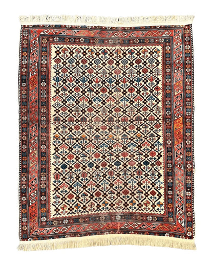 Antique Caucasian Rug 4x5, Hand Knotted Handmade Shirvan Oriental Carpet, Ivory Red Rug Allover Pattern, Rare Wool Rug, Tribal Geometric Rug