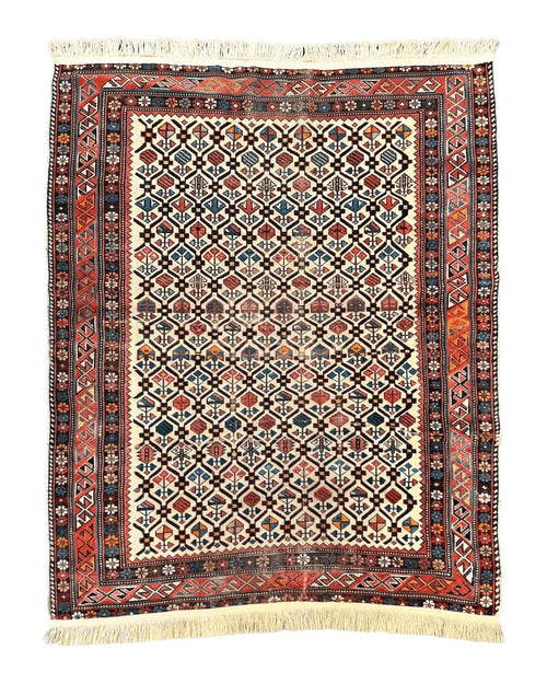 Antique Caucasian Rug 4x5, Hand Knotted Handmade Shirvan Oriental Carpet, Ivory Red Rug Allover Pattern, Rare Wool Rug, Tribal Geometric Rug