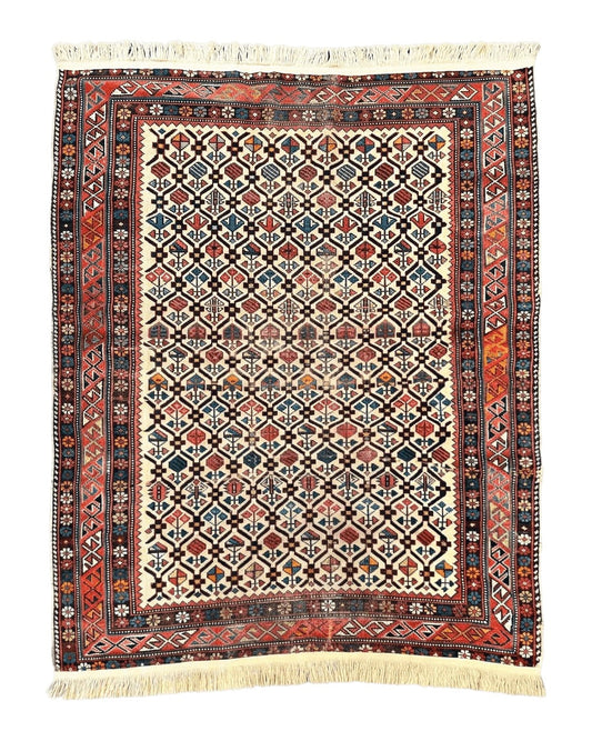 Antique Caucasian Rug 4x5, Hand Knotted Handmade Shirvan Oriental Carpet, Ivory Red Rug Allover Pattern, Rare Wool Rug, Tribal Geometric Rug