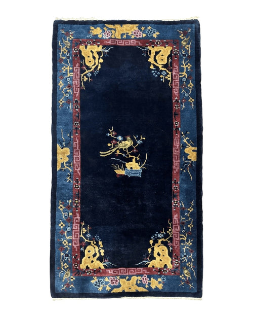 Antique Chinese Peking Rug 3x6, Dark Blue, Bird Motif, Handmade Wool Art Deco Asian Oriental Carpet, Pair A