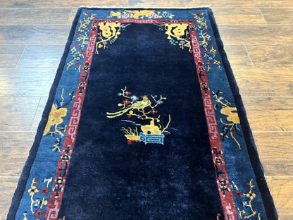 Antique Chinese Peking Rug 3x6, Dark Blue, Bird Motif, Handmade Wool Art Deco Asian Oriental Carpet, Pair A