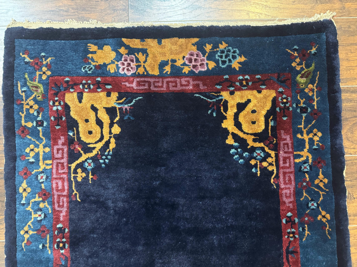 Antique Chinese Peking Rug 3x6, Dark Blue, Bird Motif, Handmade Wool Art Deco Asian Oriental Carpet, Pair A