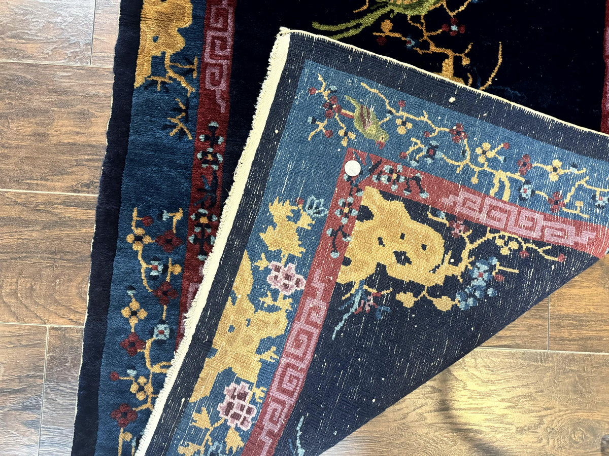 Antique Chinese Peking Rug 3x6, Dark Blue, Bird Motif, Handmade Wool Art Deco Asian Oriental Carpet, Pair A