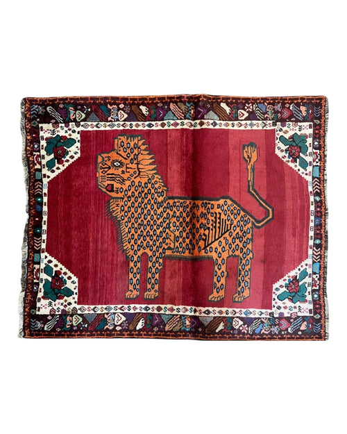 Antique Persian Gabbeh Wool Rug 4x5, Lion Pictorial Rug, Tribal Rug