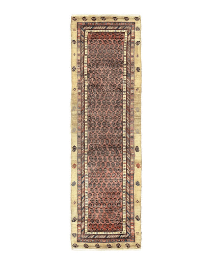 Antique Persian Sarab runner rug, 3x11 ft, handmade wool and camel hair tribal carpet for hallway, vintage 1920s design.