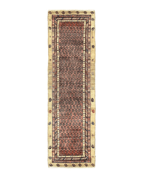 Antique Persian Sarab runner rug, 3x11 ft, handmade wool and camel hair tribal carpet for hallway, vintage 1920s design.