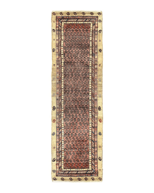 Antique Persian Sarab runner rug, 3x11 ft, handmade wool and camel hair tribal carpet for hallway, vintage 1920s design.