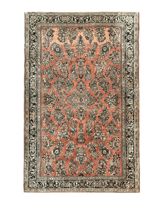 Antique Persian Sarouk rug 4x7 hand-knotted wool floral design in red with fine 300 KPSI, showcasing intricate craftsmanship.