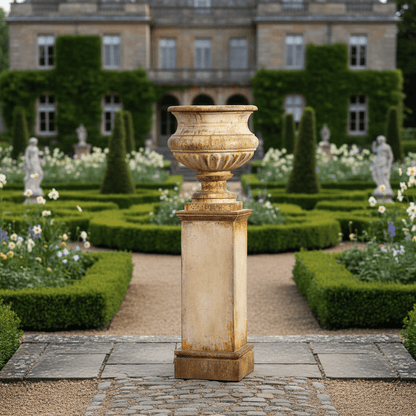 Antique-Style Iron Garden Urn with Tall Pedestal - Nuvé