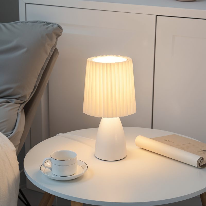Residence Supply Apollo table lamp with a sleek, modern design and a white fabric shade on a wooden base.