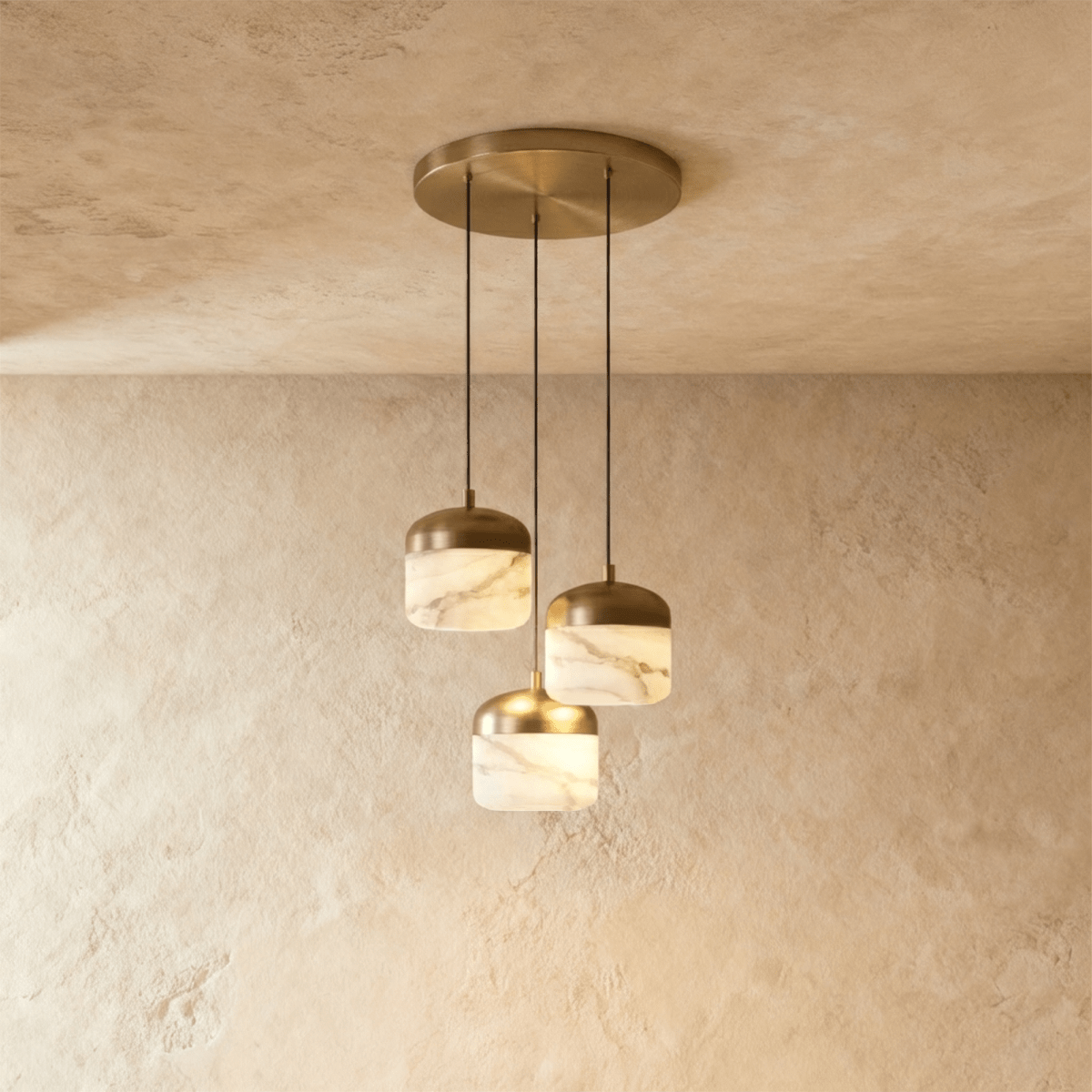 Asta Alabaster Pendant Light by Residence Supply hanging from ceiling with a smooth alabaster shade and modern design.