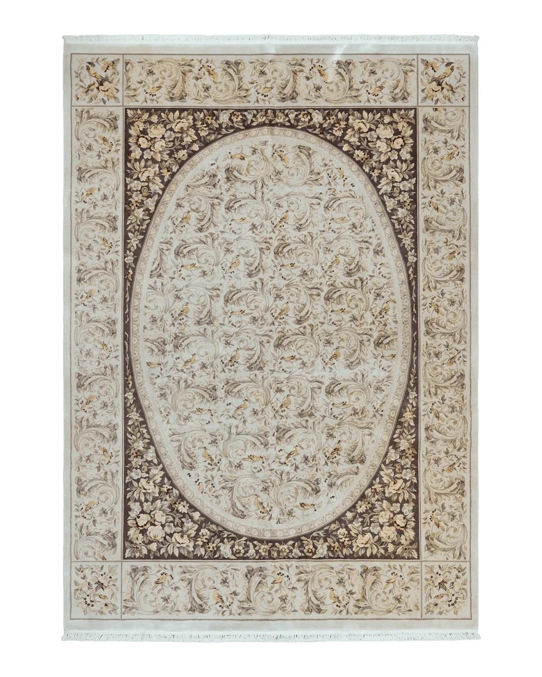 Aubusson Rug 10x14, Wool & Silk Highlights Hand Knotted Vintage Carpet, Birds Flowers, Fine Details, Elegant