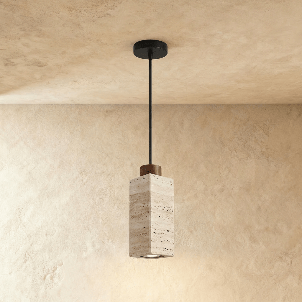 Aveno pendant light by Residence Supply hanging from ceiling with a sleek, modern design and warm illumination.