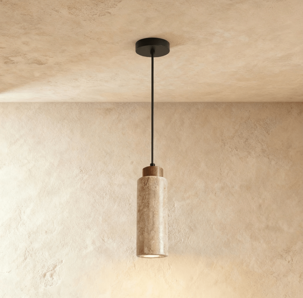 Aveno pendant light by Residence Supply hanging from ceiling, featuring a sleek modern design with a metal shade.