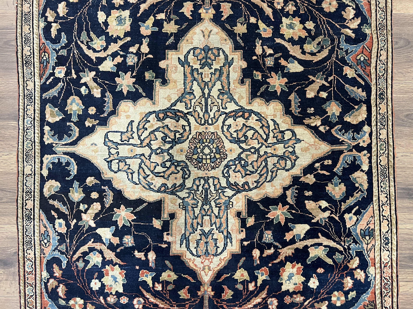 Antique Persian Rug 3.5 x 5, Sarouk Farahan Rug, High Quality 1920s Fine Oriental Carpet 3 x 5 ft, Large Medallion, Floral, Navy Blue Red, Hand Knotted Wool Rug - Nuvé
