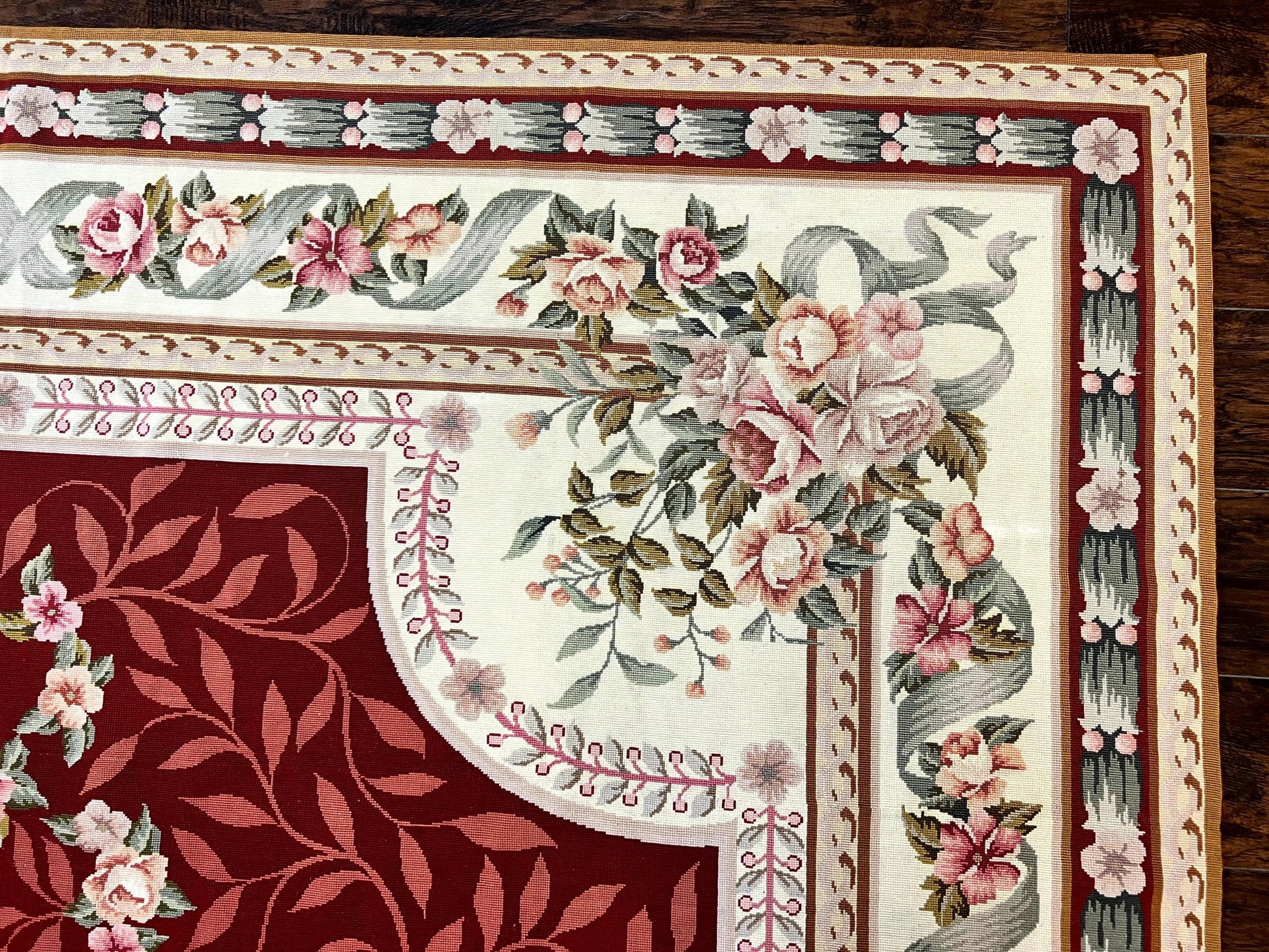 Wonderful Aubusson Rug 9x12, Handmade Vintage Needlepoint Carpet, Red and Ivory, Elegant European Design, Wool - Nuvé
