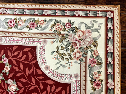 Wonderful Aubusson Rug 9x12, Handmade Vintage Needlepoint Carpet, Red and Ivory, Elegant European Design, Wool - Nuvé