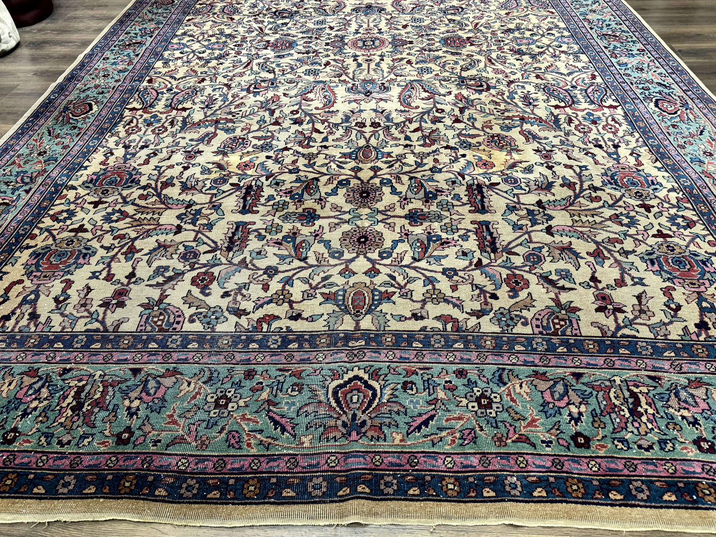 Antique Persian Rug 10x15, Camel and Cyan, Allover Pattern, Rare, Samarkand Rug - Nuvé