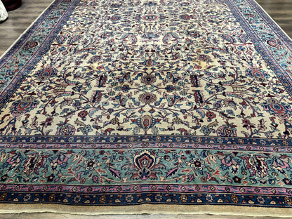 Antique Persian Rug 10x15, Camel and Cyan, Allover Pattern, Rare, Samarkand Rug - Nuvé