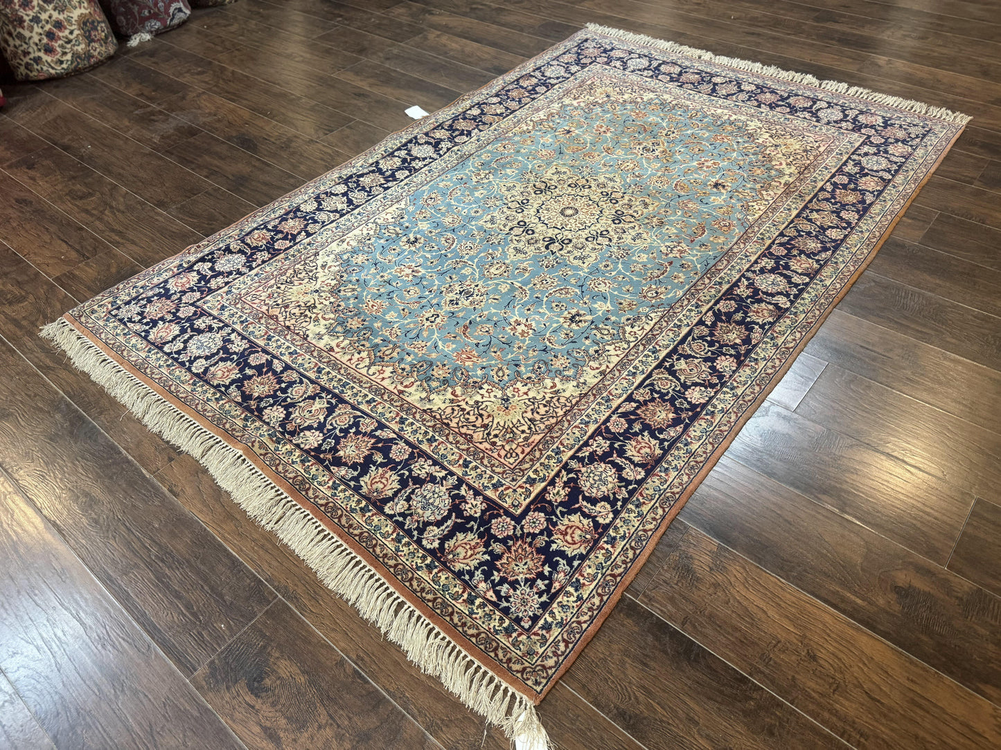 Light Blue Persian Isfahan Rug 5x8, Floral Medallion, Wool on Silk Foundation, Very Fine 530 KPSI, Handmade Carpet - Nuvé