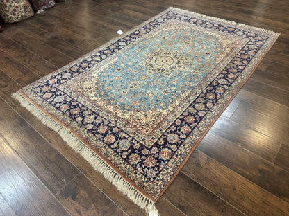 Light Blue Persian Isfahan Rug 5x8, Floral Medallion, Wool on Silk Foundation, Very Fine 530 KPSI, Handmade Carpet - Nuvé