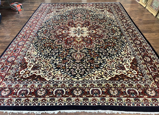 Indo Persian Rug 9x13, Floral Medallion, Midnight Blue & Burgundy, Hand Knotted Vintage Room Sized Traditional Wool Oriental Carpet - Nuvé
