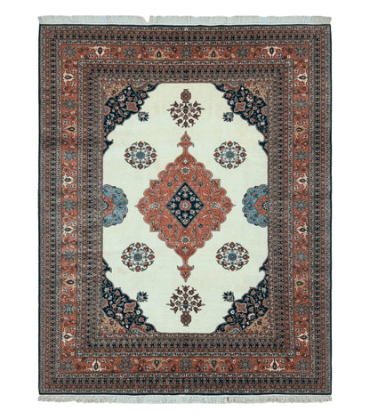 Indo Persian Rug 9x12, Semi Open Field Medallion, Ivory Tomato Red Navy Blue, Hand Knotted Indian Oriental Wool Carpet 9 x 12 ft, Room Sized