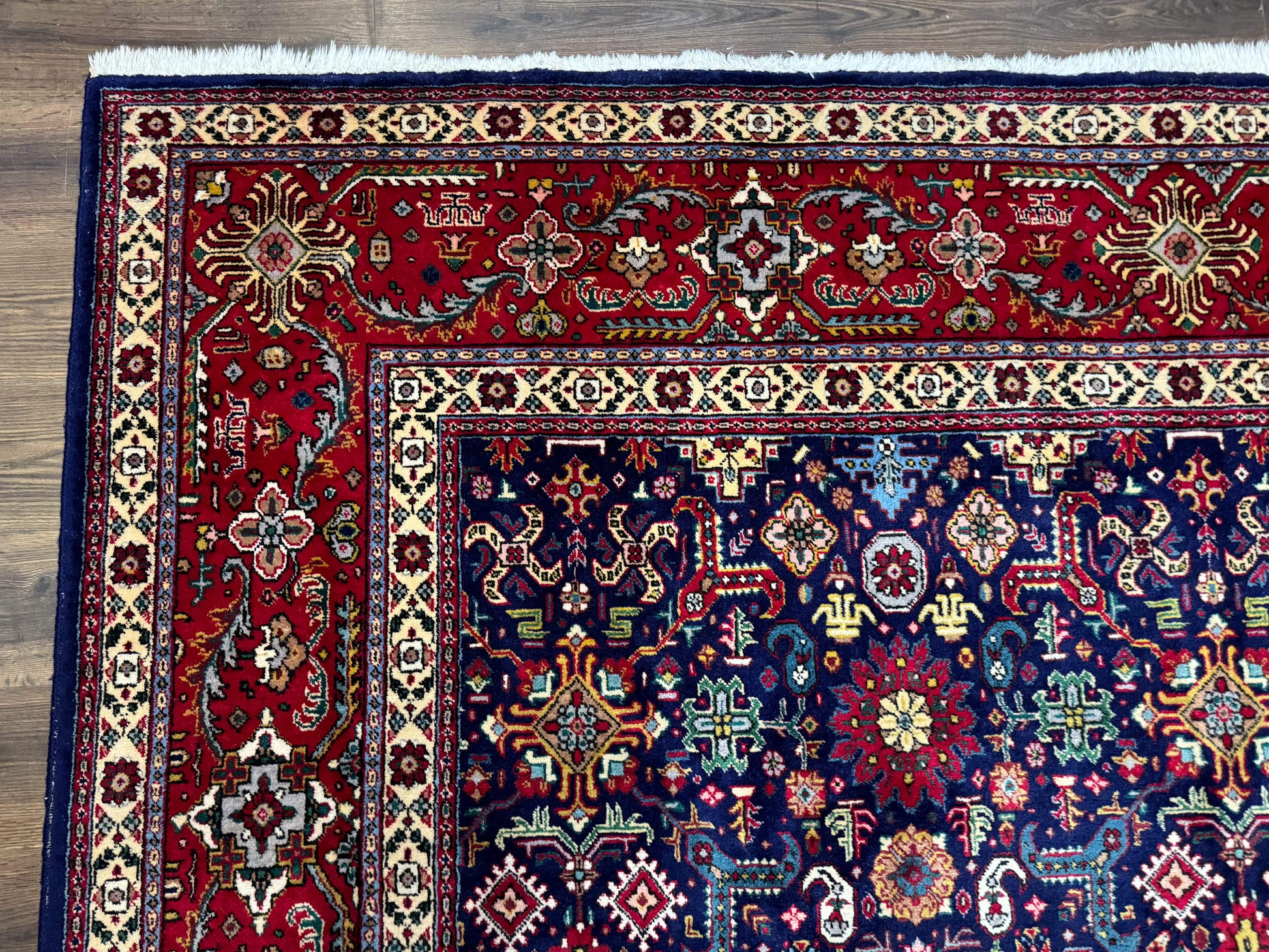Large Persian Tabriz Rug 10x16, Navy Blue and Red, Allover Pattern, Vintage Hand Knotted Wool Carpet - Nuvé