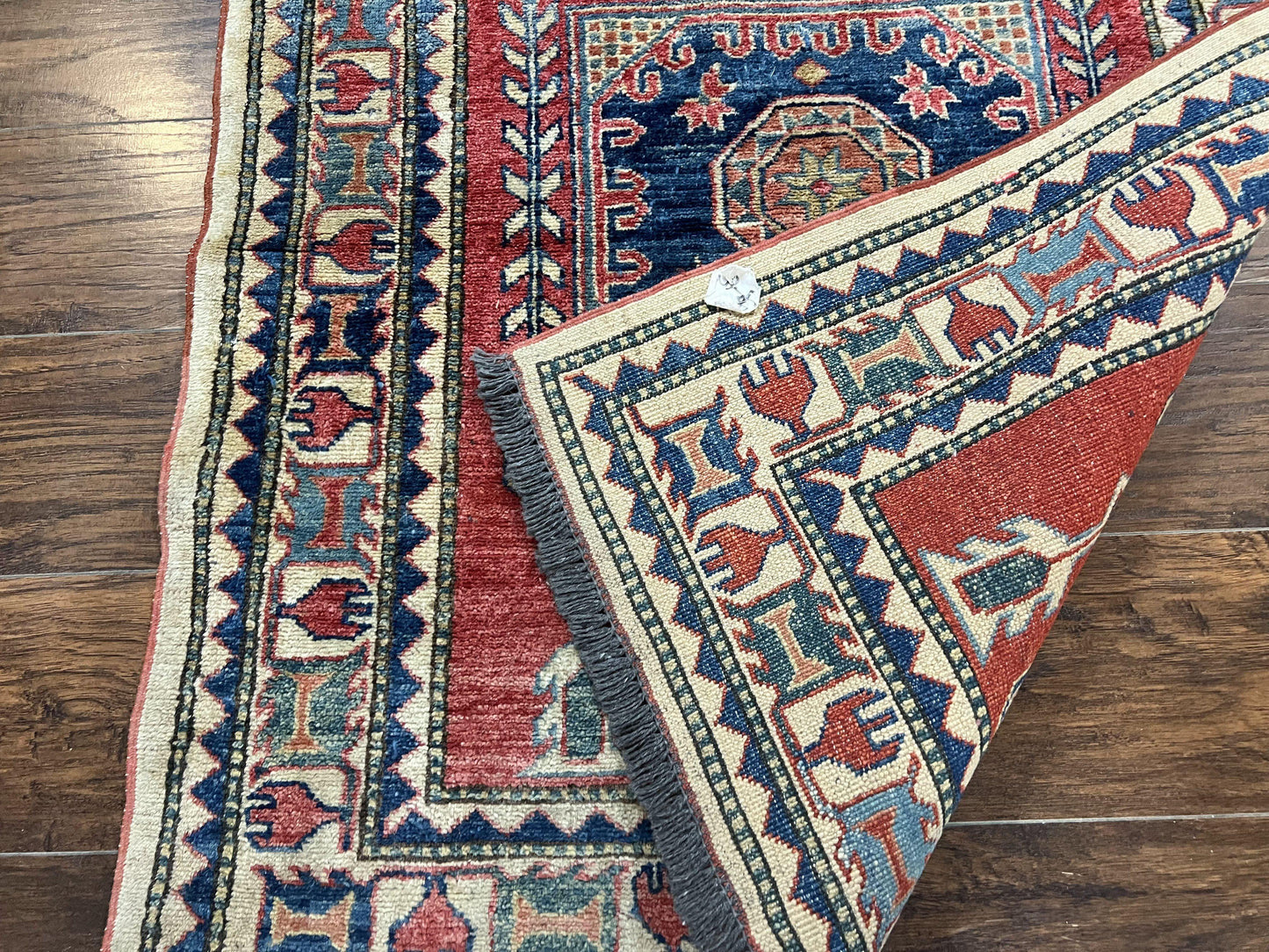 Turkish Kazak Rug 3x4, Wool Hand Knotted Small Vintage Carpet, Red Navy Blue, 3 x 4 Oriental Rug, Geometric Design - Nuvé