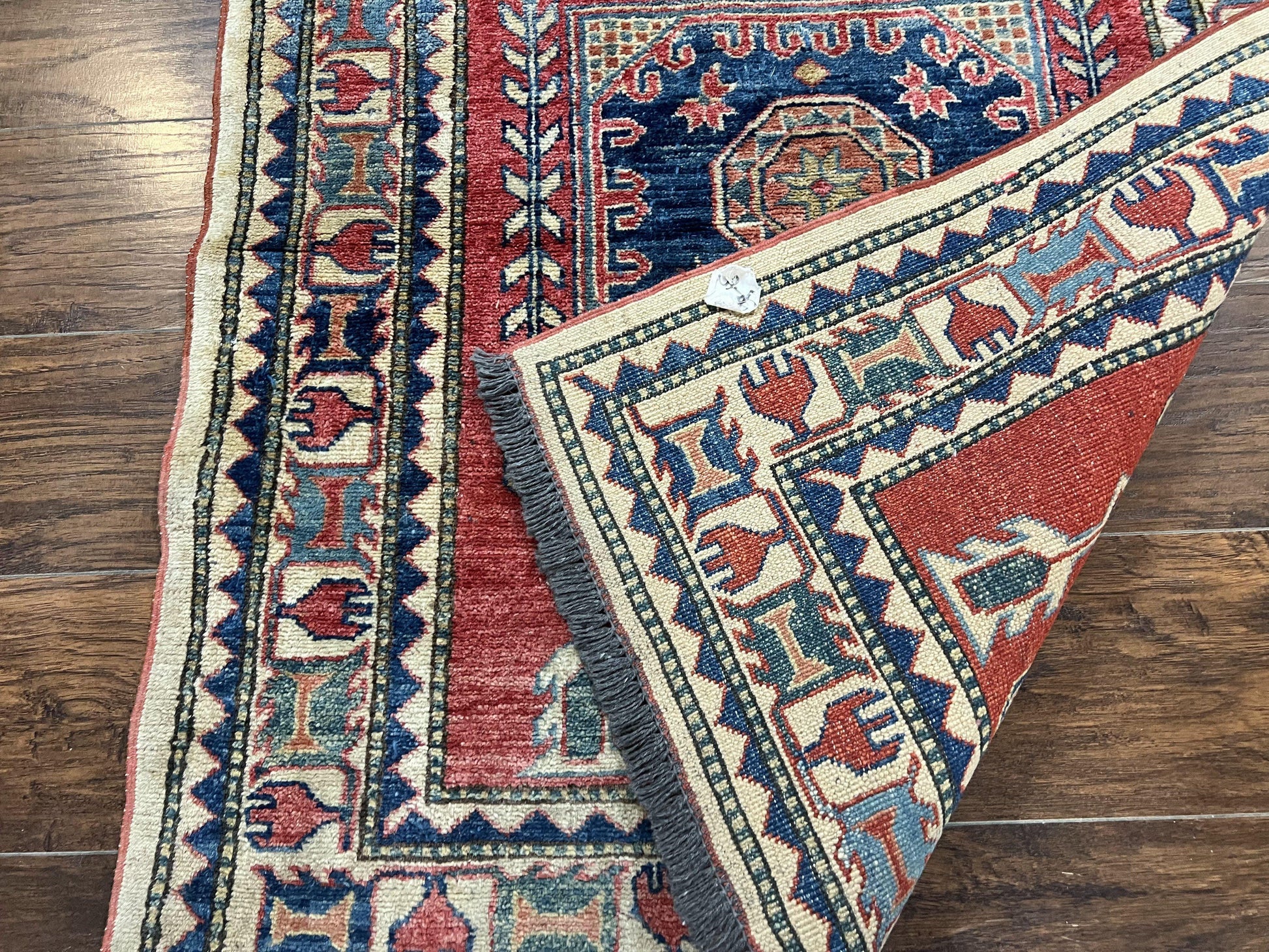 Turkish Kazak Rug 3x4, Wool Hand Knotted Small Vintage Carpet, Red Navy Blue, 3 x 4 Oriental Rug, Geometric Design - Nuvé