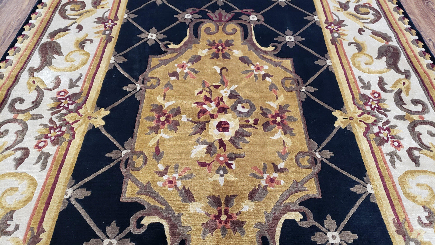 Nepal Rug 6x9, Nepalese Aubusson Area Rug 6 x 9, Hand-Knotted Wool Soft Pile Black & Beige Tibetan Aubusson New Carpet European Savonnerie - Nuvé