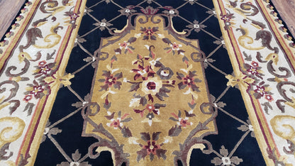 Nepal Rug 6x9, Nepalese Aubusson Area Rug 6 x 9, Hand-Knotted Wool Soft Pile Black & Beige Tibetan Aubusson New Carpet European Savonnerie - Nuvé