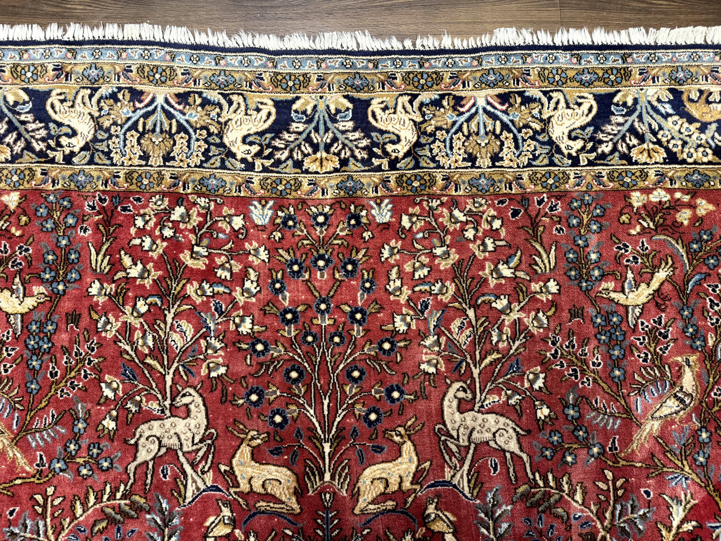 Persian Qum Rug 9x12, Animal Pictorials, Deer Birds, Tree of Life, Red and Navy Blue - Nuvé