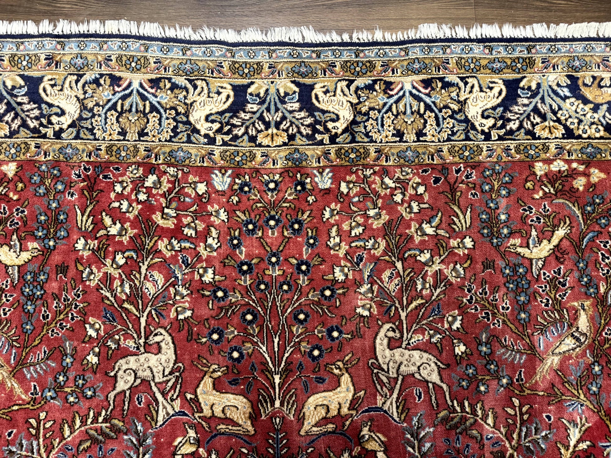 Persian Qum Rug 9x12, Animal Pictorials, Deer Birds, Tree of Life, Red and Navy Blue - Nuvé